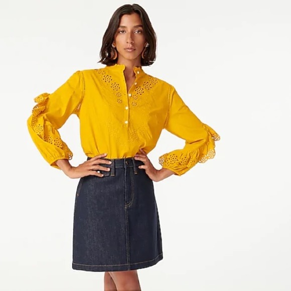 J. Crew Tops - J. Crew Ruffle-Sleeve Embroidered Eyelet Top in Mustard Size Medium